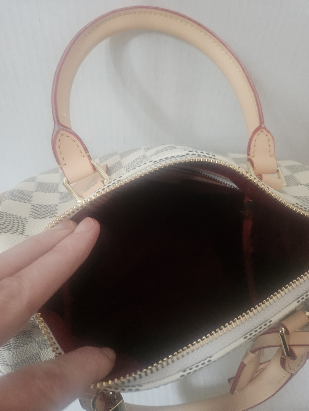 Cream Checkered Women's Satchel Bag with Leather Trim Speedy 25 - Picture 4 of 11